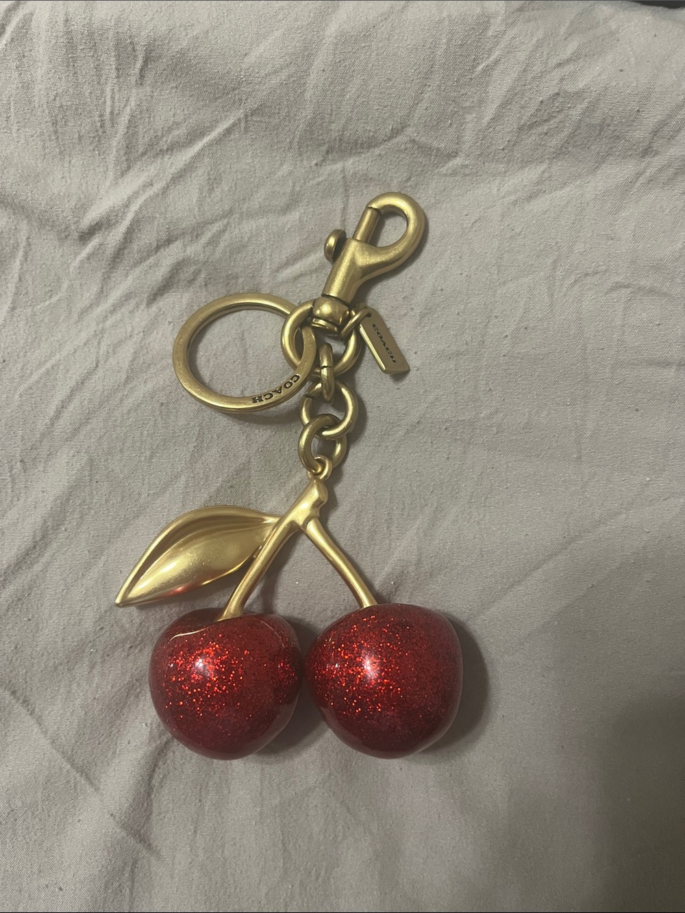 Coach Gold-Tone Cherry Keychain with Red Glitter Cherries